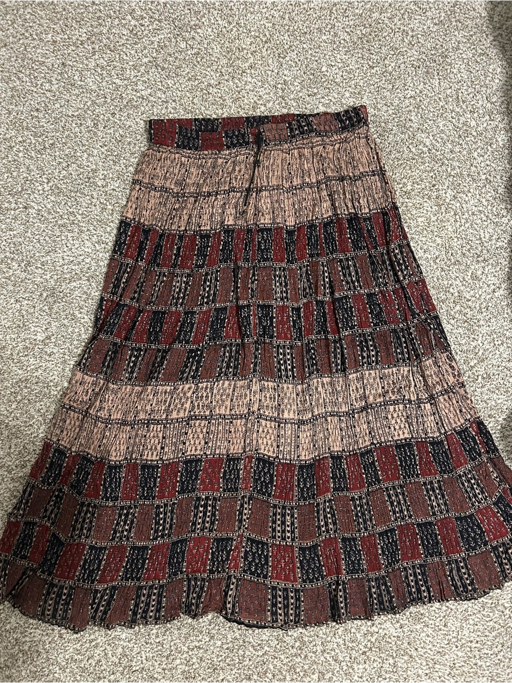 Boho Tiered Patchwork Maxi Skirt in Red, Black, and Brown